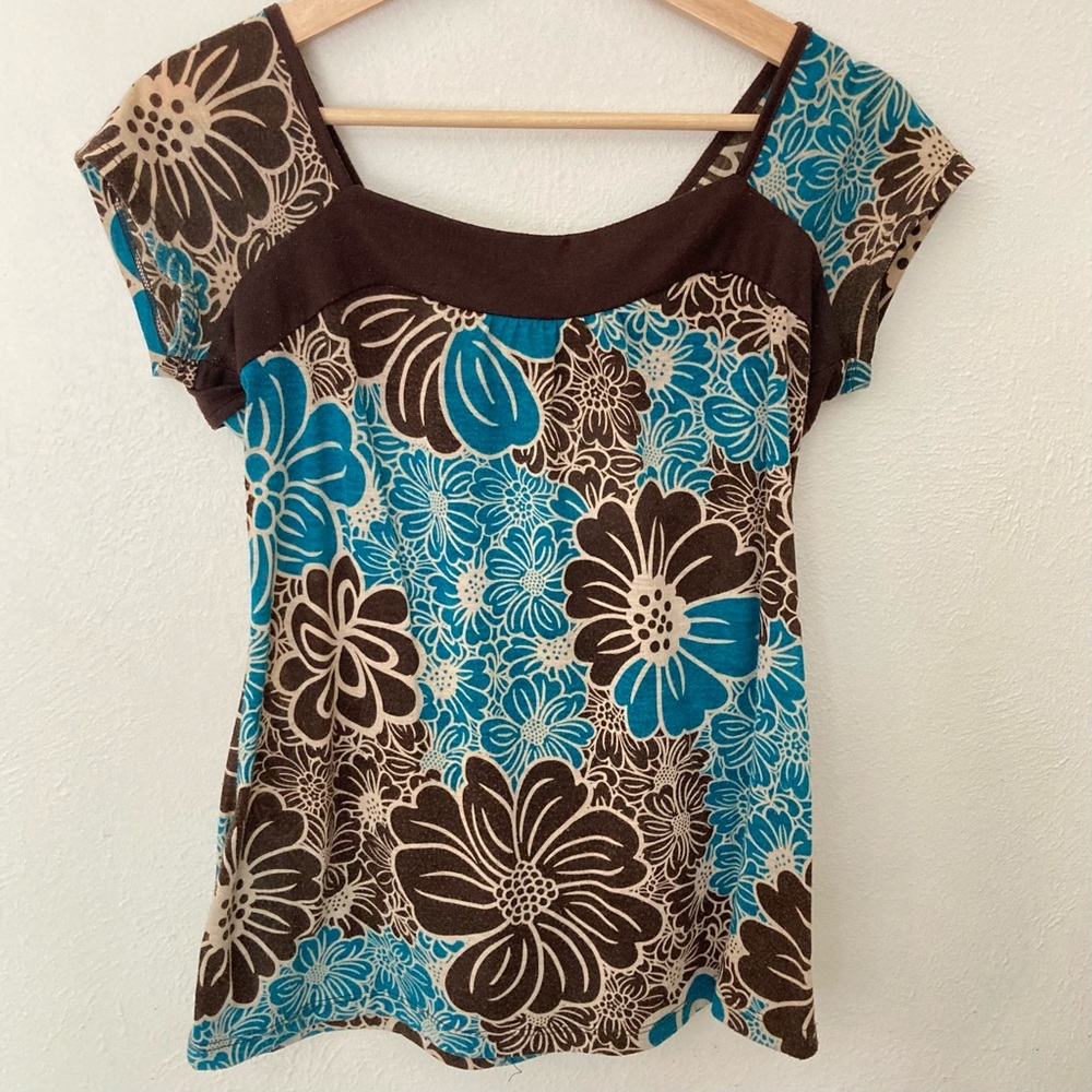 Vanity Tie Back Brown Blue Flower Print Short Sleeve Blouse Size Medium